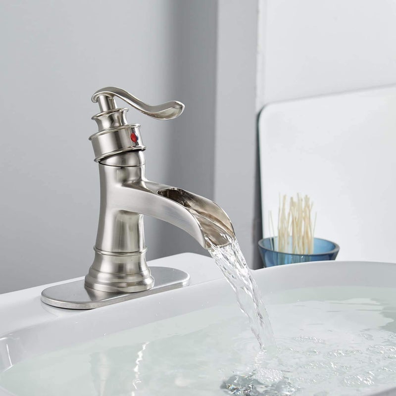 Bathfinesse Waterfall Bathroom Faucet Bathroom Sink Faucet Farmhouse Single Handle 1 Hole with Pop Up Drain Assembly Vanity Water Supply Hose, Brushed Nickel - Image 3